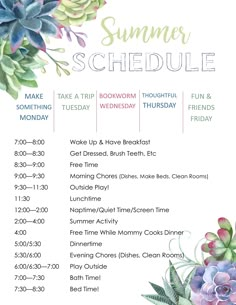 the summer schedule with flowers and succulents