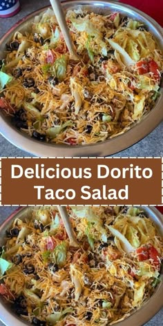 two pictures showing different types of taco salads with the words, doritoto taco salad recipes