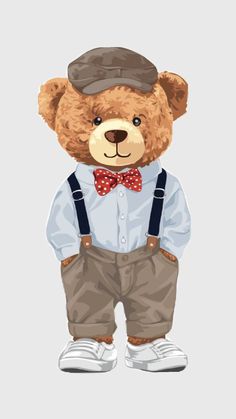 a brown teddy bear wearing suspenders and a bow tie