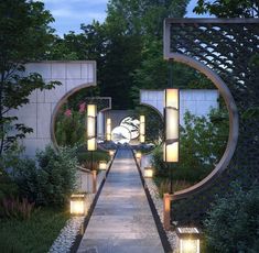 an entrance to a garden at night with lights on the walkway and trees in the background