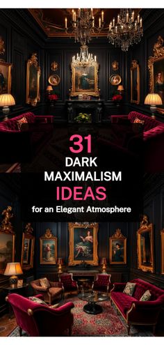 dark maximalism ideas All Black Home Interior, Home Design Maximalist, Maximalist Decor Black And White, Modern Academia Interior Design, Dark Art Deco Interior, Maximalist Salon, Whimsy Goth House Decor, Dark Studio Apartment, Dark Vintage Home Decor