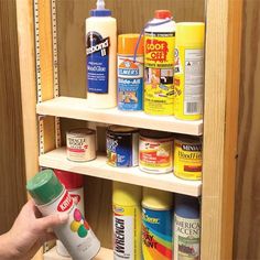 a person holding a spray bottle in front of a shelf filled with different types of paint