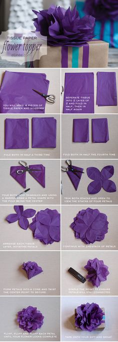 step by step instructions on how to make tissue paper flowers and gift boxes for someone's birthday