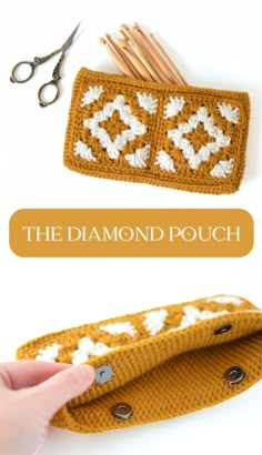 the diamond pouch is made with crochet and yarn