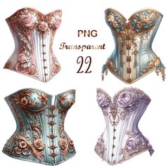 four different colored corsets with flowers on them