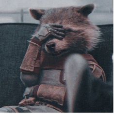 a raccoon is covering its face with his hands while sitting on a chair