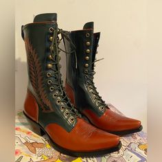 Never Worn Jeffrey Campbell Gitty Up Western Lace Up Boots. Forest Green & Brown, Lace Up, Can Be Shipping With Original Box. Open Toe Sandals Heels, Jeffrey Campbell Boots, Taupe Heels, Goth Boots, Cowboy Baby, Tan Booties, Leather Lace Up Boots, Platform Sandals Heels, Jeffrey Campbell Shoes