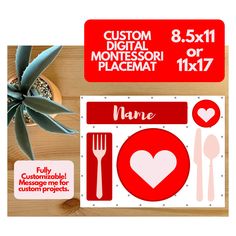 a placemat with a heart on it next to a succulent plant and other personalized items