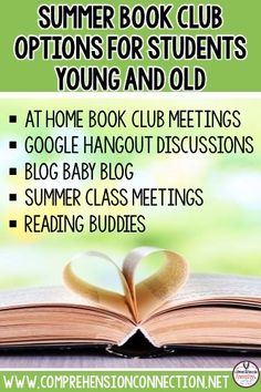 an open book with the title summer book club options for students young and old