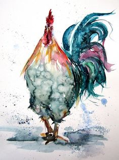 a watercolor painting of a rooster standing on the ground in front of a white background