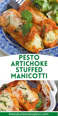 pesto artichoke stuffed manicotti on a blue plate with a fork