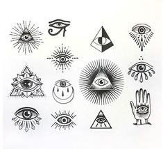 an assortment of hand and eye tattoos on white paper