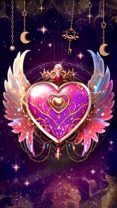 a purple heart with angel wings and crescents hanging from it's sides, surrounded by stars