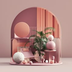 a pink shelf filled with vases and plants