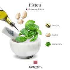 the ingredients for pesto in a mortar with basil leaves and olive oil on white background