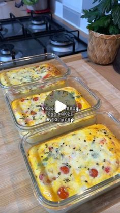 three glass casseroles sitting on top of a wooden counter