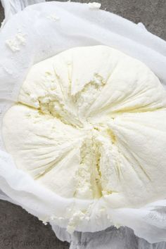 homemade farmer's cheese is shown in the middle of a white bag with text overlay