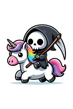 a cartoon unicorn riding on the back of a white horse with a rainbow horn in it's mouth