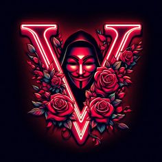 the letter v with roses and a woman's face on it is lit up in red