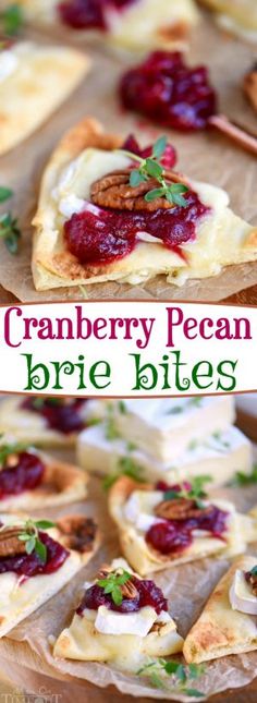 cranberry pecan brie bites on a cutting board with text overlay