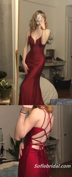 Burgundy Spaghetti Straps V-Neck Lace Back Mermaid Long Prom Evening Dress,SFPD0220 Description 1, Material: soft satin 2, Color: it can be in custom color, please contact us and tell us style number, then we will send you more colors to choose. 3, Size: standard size or custom size, if dress is custom made, we need measurement as following, please leave custom measurement and information in the note of shopping cart. bust______ cm/inch waist______cm/inch hip:_______cm/inch shoulder to shoulder Long Party Gowns, Prom Dress Inspiration, Pretty Prom Dresses, Grad Dresses, Glam Dresses, Mode Inspo, Neck Lace, Mermaid Prom Dresses, Lace Back