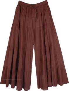 A pretty pair of burgundy and brown shade culottes, the word culottes describes a split or divided skirt.  The skirt cum pants are very fashionable and chic, especially with an understated crochet pattern on the waist, in the front, and on the back. #tlb #SplitSkirtsPants #Fall #bohemianfashion #PalazzoPants Burgundy Wide Leg Bottoms For Spring, Burgundy Wide-leg Bottoms For Spring, Spring Burgundy Cotton Bottoms, Brown Knee-length Bottoms For Summer, Brown Knee-length Summer Bottoms, Brown Cotton Knee-length Bottoms, Summer Cotton Bottoms In Burgundy, Burgundy Cotton Bottoms For Summer, Summer Cotton Burgundy Bottoms