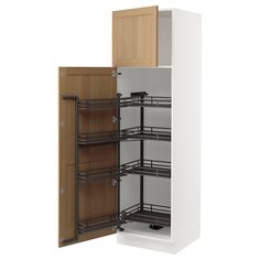 an open cabinet with shelves and pull out baskets on the bottom, in front of a white background