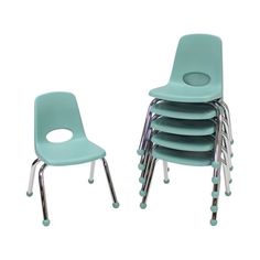 a stack of blue chairs sitting next to each other in front of a white background