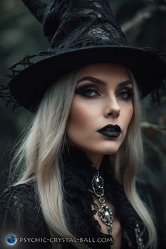 We present all kinds of depictions of witches and sorcer*esses. Here wearing a witch hat with black lace. #witch #witchhat #psychic Elegant Witch Makeup, Womens Witch Costume Makeup, Spooky Witch Makeup, Witch Costumes Diy Womens, Raven Witch Makeup, Nice Witch Makeup, Witch Faces, Glam Witch Makeup Halloween, White Witch Makeup