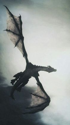 a black and white photo of a dragon flying through the air with its wings spread