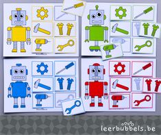 four different pictures of robots and tools on paper