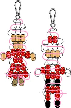 two small teddy bears hanging from strings with hearts and dots on them, each holding a stuffed animal