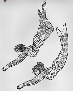 two women are flying through the air with their legs spread out and tattoos on them