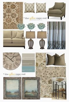 a collage of furniture and decor in shades of beige, blue, green, and gold