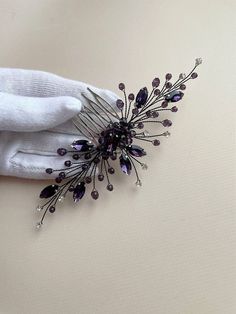 Gold And Purple Hair Pieces, Black Hair Piece, Purple And Black Hair, Purple Hair Accessories, Amethyst Hair, Black Hair Pieces, Black Hair Comb, Bridesmaids Hairstyles, Dark Purple Hair