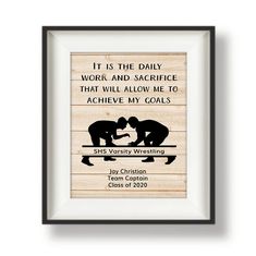 a framed wooden sign with two bears on it that says, it is the daily work and sacrice that will allow me to achieve my goals