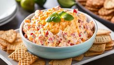 a blue bowl filled with cheese and crackers on top of a plate next to limes