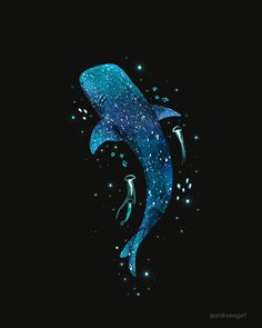 a blue whale floating in the ocean with stars on it's back and its tail