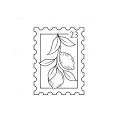 a stamp with an image of lemons and leaves on the front, in black and white