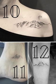 four different tattoos on the back of women's neck and shoulder, with mountains in the background