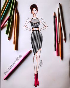 a drawing of a woman in a dress with pencils and crayons around her