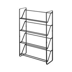 a black metal shelf with four shelves on each side and one section open to show the bottom