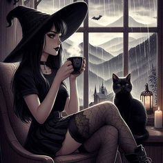 a woman sitting in a chair holding a cup next to a black cat