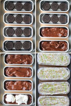 several trays filled with ice cream and cookies