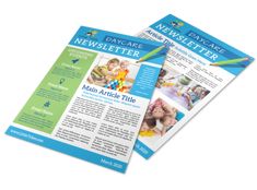 two blue and green flyers with children's pictures on them, one is for the news