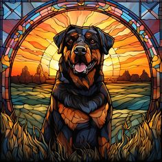 a dog sitting in front of a stained glass window with the sun setting behind it