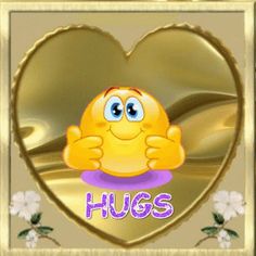 a heart shaped frame with the words hugs written on it and a smiling emoticive smiley face