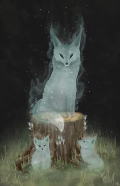 a painting of an owl and two kittens sitting on a stump in the grass