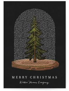 a merry christmas card with a pine tree in the center and snow falling down on it