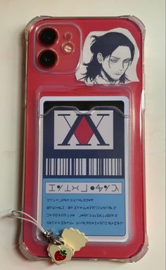 a cell phone case with an image of a man on it and a keychain attached to the back